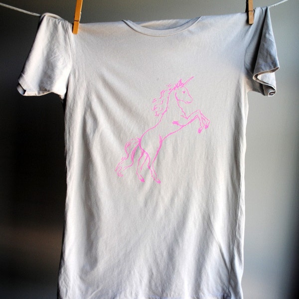 Unicorn T-Shirt - Pale Grey and Screen Printed in Pink Ink - Womens Large