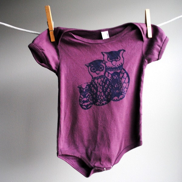 Matryoshka Owl Family Infant Bodysuit- Organic - Hand Dyed Deep Plum Purple with Screen Printed Indigo Ink, sized 6 through 12 months