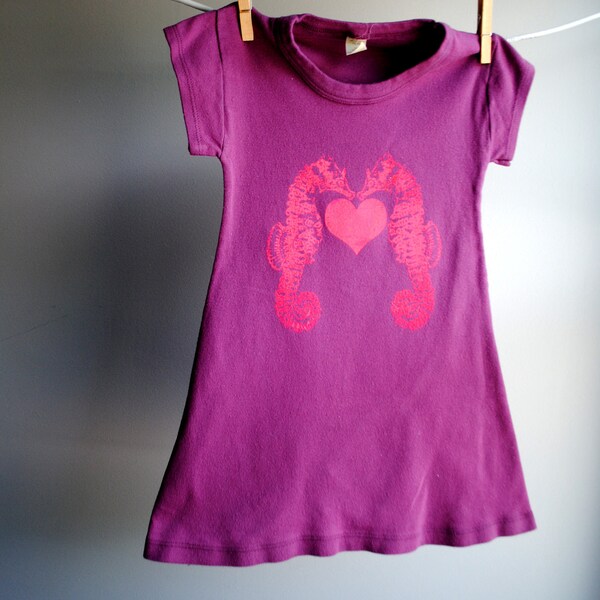 Sea Horses and Heart T-Shirt Dress,  Hand Dyed Plum Purple and screen printed in Bright Pink ink. Size 8