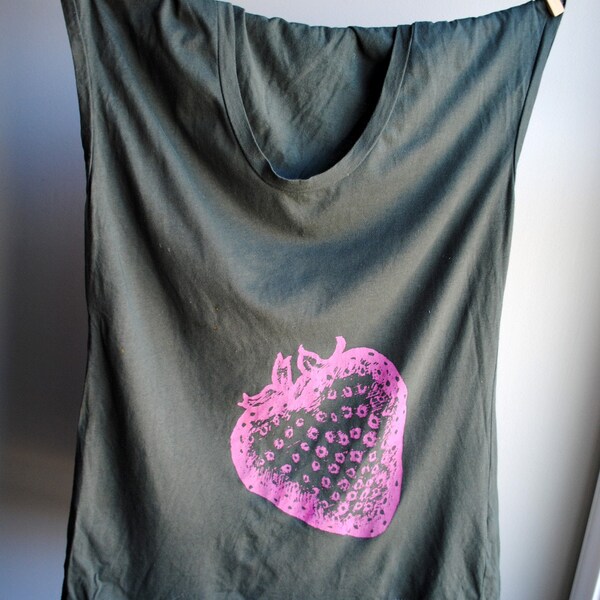 Strawberry - Womens Tank - Sleeveless Forest Green Shirt -  Screen printed in Pink  Ink - Size Large