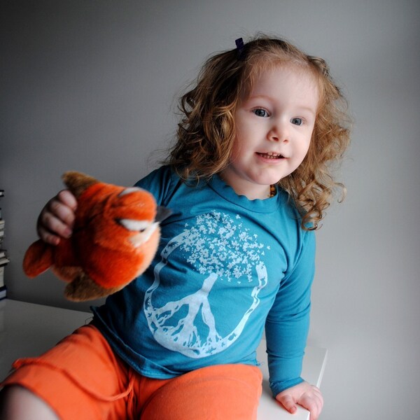Peace - Tree of Life Shirt, Organic and Long Sleeved, Hand Dyed Teal Blue and Screen printed in White ink.  Sizes 3 months - 10 years