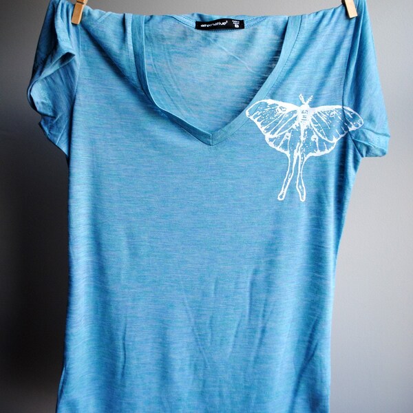 Luna Moth - V Neck Heather Burnout Tunic - Turquoise with White Print - Womens size Extra Large