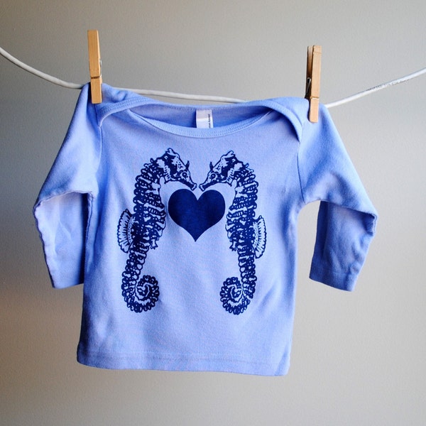 Sea Horses and Heart Long Sleeved Shirt - Size 6 to 12 Months -  Hand Dyed Slate Blue and Screen Printed in Teal Ink