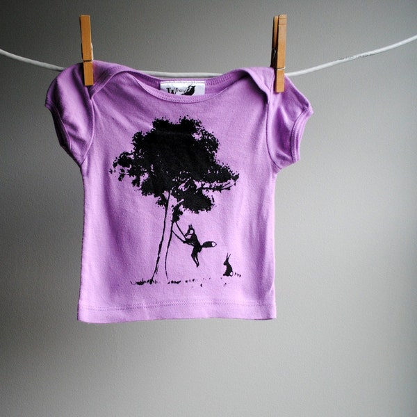 Storybook Fox and Rabbit, 2 Friends with a Tree Swing - Organic TShirt - Hand Dyed Lilac and screen printed in black ink -  sized 3-6 month