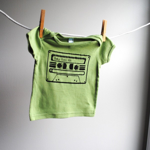 Baby Rock Mix Lap T-Shirt - sized 6 to 12 months - Hand Dyed Olive Green with Black Screenprint