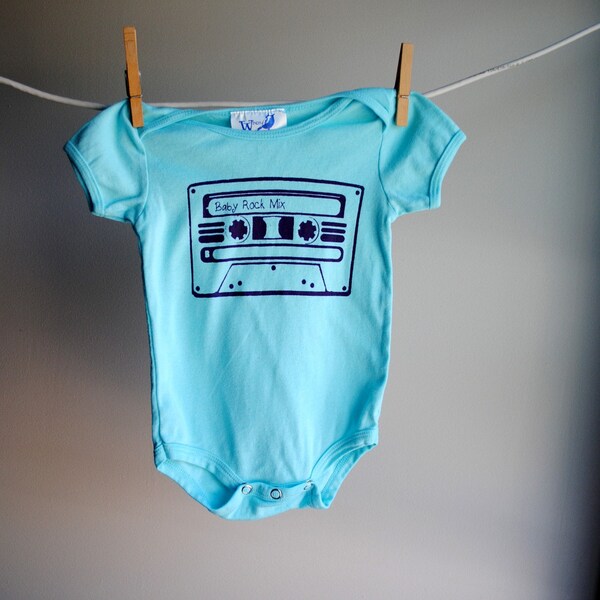 Baby Rock Mix Infant Bodysuit, Organic,  sized 6 to 12 months - Hand Dyed Aqua Blue with Purple Screen print