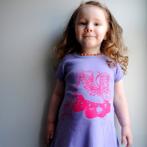Roller Skates T-Shirt Dress,  Hand Dyed Pale Violet Purple and screen printed in Bright Pink ink. Size 6