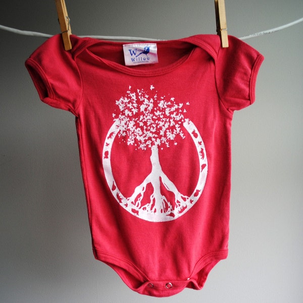 Peace Symbol - Tree of Life Organic Bodysuit - sized 6 to 12 months - Hand Dyed Strawberry Red with White Screenprint