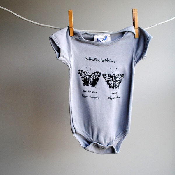 Winguistic Linguistics - Butterflies for Writers  Organic Bodysuit- Size 6 to 12 Months -  Hand Dyed Light Grey and Screen Printed in Dark Greenish Black Ink