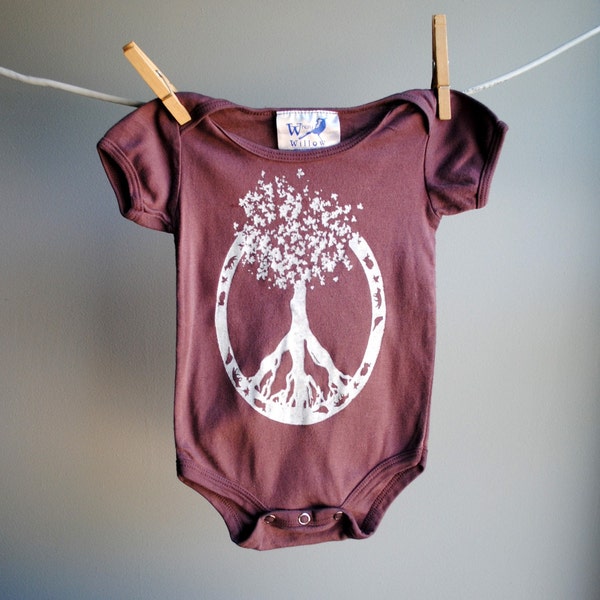 Peace - Tree of Life - Organic Infant Bodysuit,  Hand Dusky Mulberry and screen printed with White Ink, sized 3 to 6 month