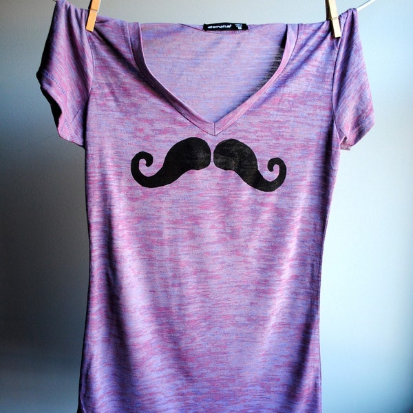 Mustache T-Shirt - V Neck Heather Burnout Tunic - Purple  with Black Print - Womens size Medium