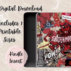 以下が含まれることがあります： Kindleインサート用のデジタルダウンロード。スパイダーマンのコミックアートのコラージュデザイン。デザインには、太字の「Spider-Man」、「Pow！」、「Bam！」の文字と、コミック要素と「Digital Download」のテキストが含まれています。