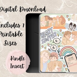 May include: A digital download for a Kindle insert featuring the text "Heartstopper" and various illustrations. The design includes a rainbow, hearts, and a phone screen with the text "[gay panic]" and the time 21:16. The download includes one printable size.