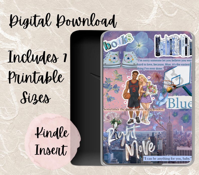 K&ouml;nnte beinhalten: Digitaler Download f&uuml;r einen Kindle-Einsatz mit einem Collage-Design. Das Design enth&auml;lt den Text "Digital Download", "Includes 1 Printable Sizes" und "Kindle Insert". Die Collage zeigt Illustrationen, Text und ein Basketball-Thema.