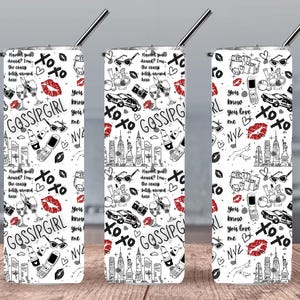 May include: Three white tumbler cups with a black and red design featuring the text "Gossip Girl" and "XOXO". The design also includes images of lips, hearts, buildings, and other graphic elements.