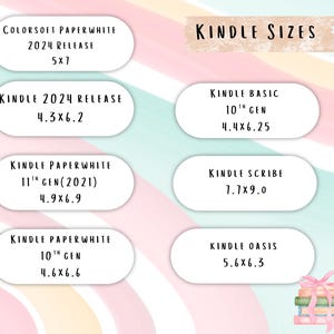 K&ouml;nnte beinhalten: Eine pastellfarbene Grafik listet Kindle-Gr&ouml;&szlig;en auf, darunter die Modelle Kindle Paperwhite, Kindle Basic und Kindle Oasis. Jede Gr&ouml;&szlig;e ist mit ihren Abmessungen in Zentimetern angegeben. Der Text "Kindle Sizes" steht oben.