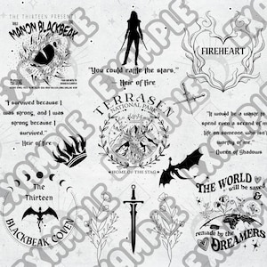 May include: A collection of black and white illustrations featuring text and graphics. Includes a silhouette of a woman with swords, a heart-shaped flame design, and a sword. Text includes "Manon Blackbeak," "Heir of Fire," and "The World will be saved."