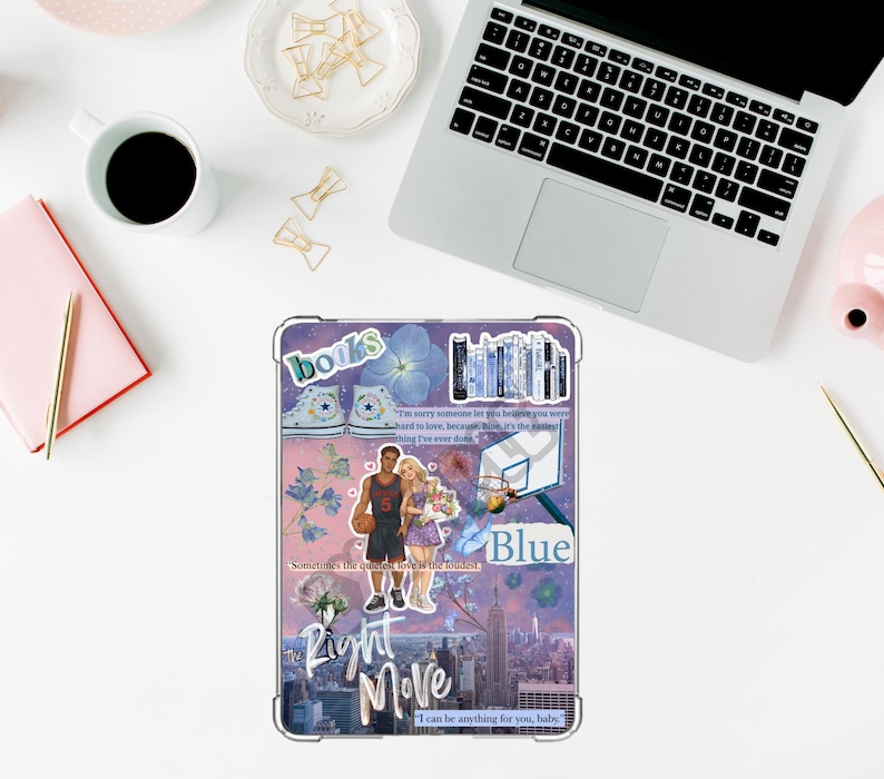 K&ouml;nnte beinhalten: Eine Tablet-H&uuml;lle mit einem Collage-Design mit den W&ouml;rtern "books", "Blue" und "The Right Move". Das Design umfasst Bilder eines Basketballspielers, einer Frau, eines Basketballkorbs und einer Stadtlandschaft, alles vor einem lila Hintergrund.