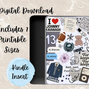 Op de afbeelding: Digitale download Kindle-inzet met een collage-ontwerp. Het ontwerp bevat tekst, een hart, een voetbal, een teddybeer en een schoolwapen. De tekst bevat "Johnny Kavanagh", "Tommen College" en "For keeps?"