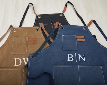 Canvas workshop apron with pockets, personalized embroidered apron, custom kitchen apron, custom gift for men, embroidered kitchen apron