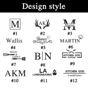 May include: A graphic showing 12 different design styles for personalized cutting boards. The styles include initials, names, and kitchen-themed designs. The designs are numbered 1 through 12.