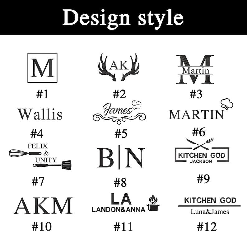 May include: A graphic showing 12 different design styles for personalized cutting boards. The styles include initials, names, and kitchen-themed designs. The designs are numbered 1 through 12.