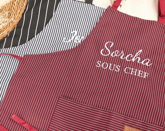 Tablier brodé personnalisé avec nom, tablier personnalisé brodé, cadeau de Saint-Valentin pour elle, tablier de barman, cadeau pour la cuisine, pâtisserie
