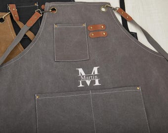Embroidered custom canvas apron, linen embroidered apron, dad embroidered apron, kitchen apron, hostess gift, men chef apron, men gift