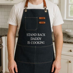 Puede incluir: Delantal de mezclilla azul oscuro con correas y detalles de cuero marrón. El delantal tiene un bolsillo frontal grande y el texto blanco "STAND BACK DADDY IS COOKING". Ideal para cocinar.