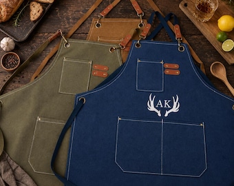 Tabliers brodés personnalisés, tabliers d'atelier en toile avec poches, tabliers de barbecue, tabliers de barman, cadeaux personnalisés pour hommes, tabliers de cuisine personnalisés