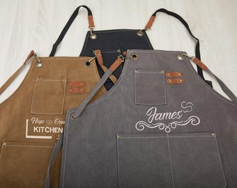 Custom embroidered pattern aprons,Personalized logo chef hats and aprons with pockets,Embroidered kitchen aprons for men and women,Custom