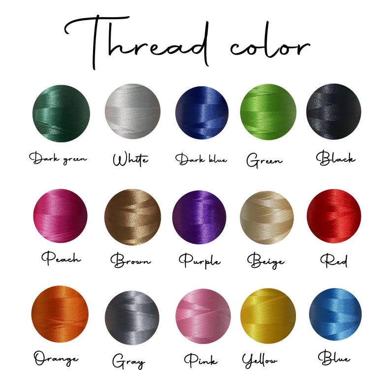 Peut inclure: Un nuancier intitul&eacute; Thread color pr&eacute;sentant quinze &eacute;chantillons circulaires de fil &agrave; broder en vert fonc&eacute;, blanc, bleu fonc&eacute;, vert, noir, p&ecirc;che, marron, violet, beige, rouge, orange, gris, rose, jaune et bleu avec des &eacute;tiquettes.