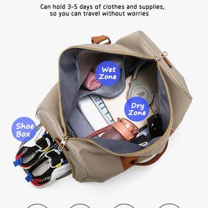 Peut inclure: Un sac de voyage beige avec des poign&eacute;es marron, ouvert et rempli d'objets. Des &eacute;tiquettes indiquent Shoe Box, Wet Zone et Dry Zone. En bas, des ic&ocirc;nes repr&eacute;sentent Shoes, Pants, Jacket et Digital Products. Le texte indique Large Capacity.