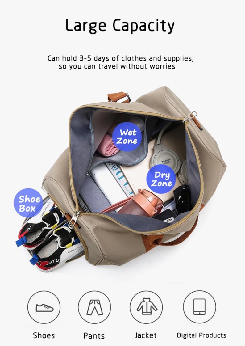 Peut inclure: Un sac de voyage beige avec des poign&eacute;es marron, ouvert et rempli d'objets. Des &eacute;tiquettes indiquent Shoe Box, Wet Zone et Dry Zone. En bas, des ic&ocirc;nes repr&eacute;sentent Shoes, Pants, Jacket et Digital Products. Le texte indique Large Capacity.