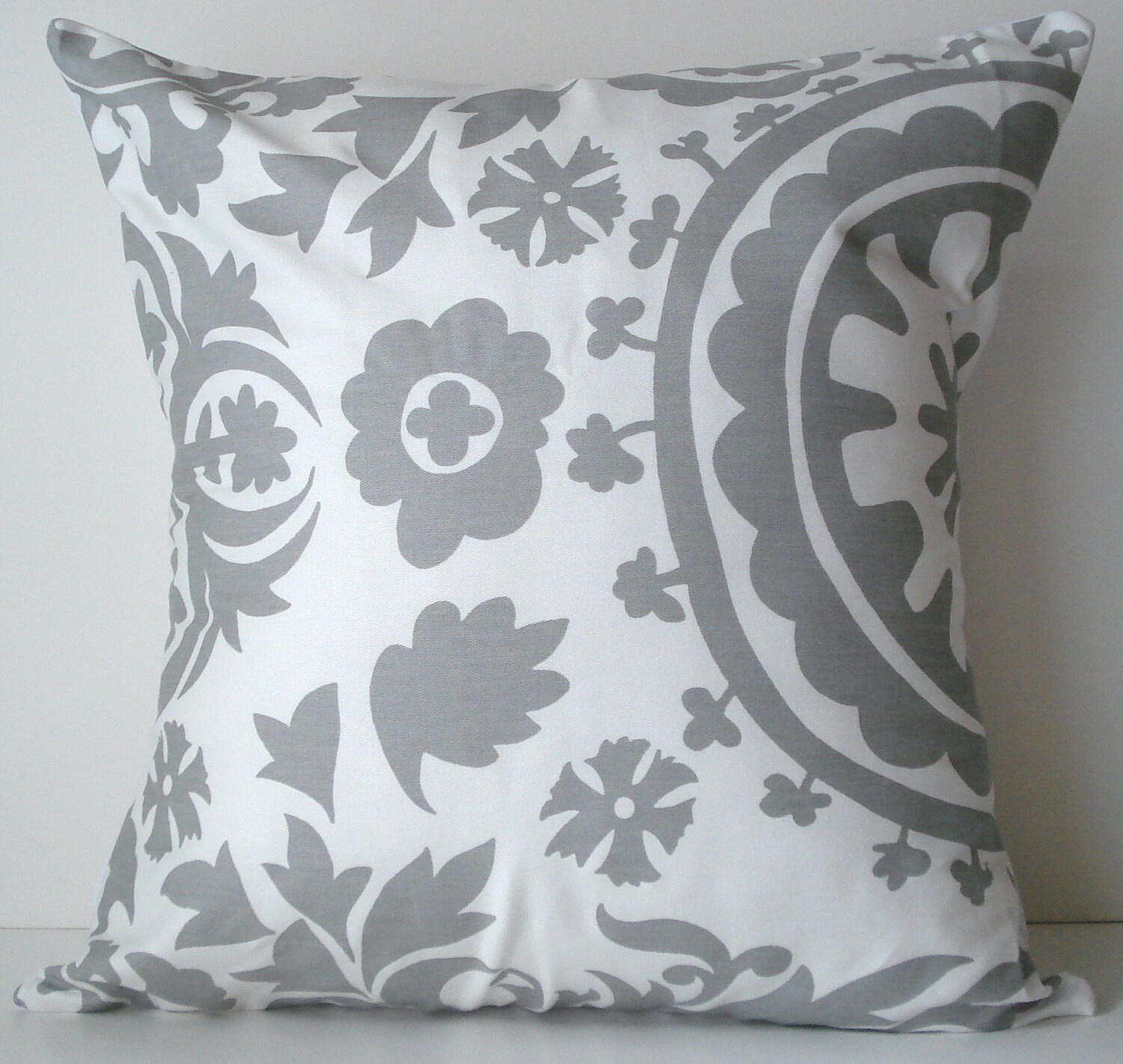 New 18x18 Inch Designer Handmade Pillow Case. Suzani Print in Grey and