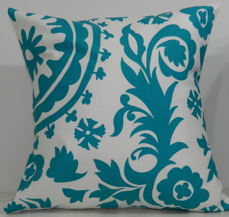 New 18x18 inch Designer Handmade Pillow Case. Suzani print in turquoise image 1