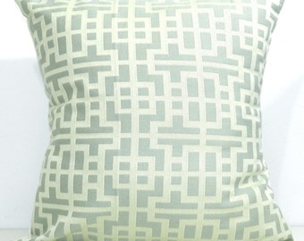 New 18x18 inch Designer Handmade Pillow Case in pale blue and cream greek key