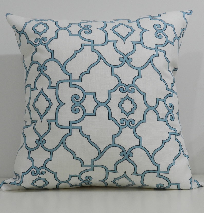 New 18x18 inch Designer Handmade Pillow Cases in blue and white trellis image 1