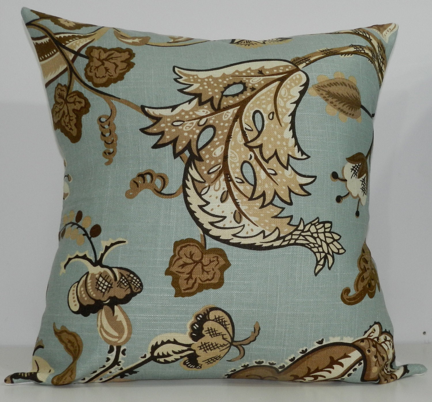 New 18x18 Inch Designer Handmade Pillow Case in Blue and Brown Floral Linen Etsy