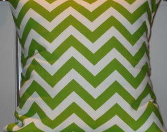 New 18x18 inch Designer Handmade Pillow Case in Lime green and white zig zag, chevron pattern.