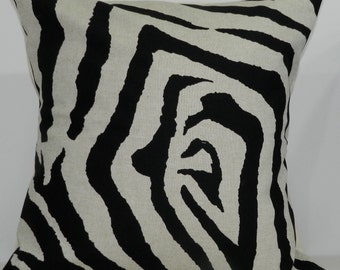 New 18x18 inch Designer Handmade Pillow Case in black and linen zebra print.