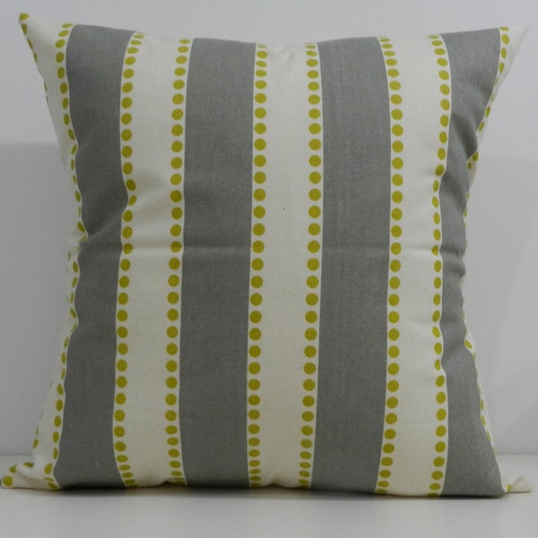 New 18x18 inch Designer Handmade Pillow Cases in chartreuse dots and grey stripes on natural