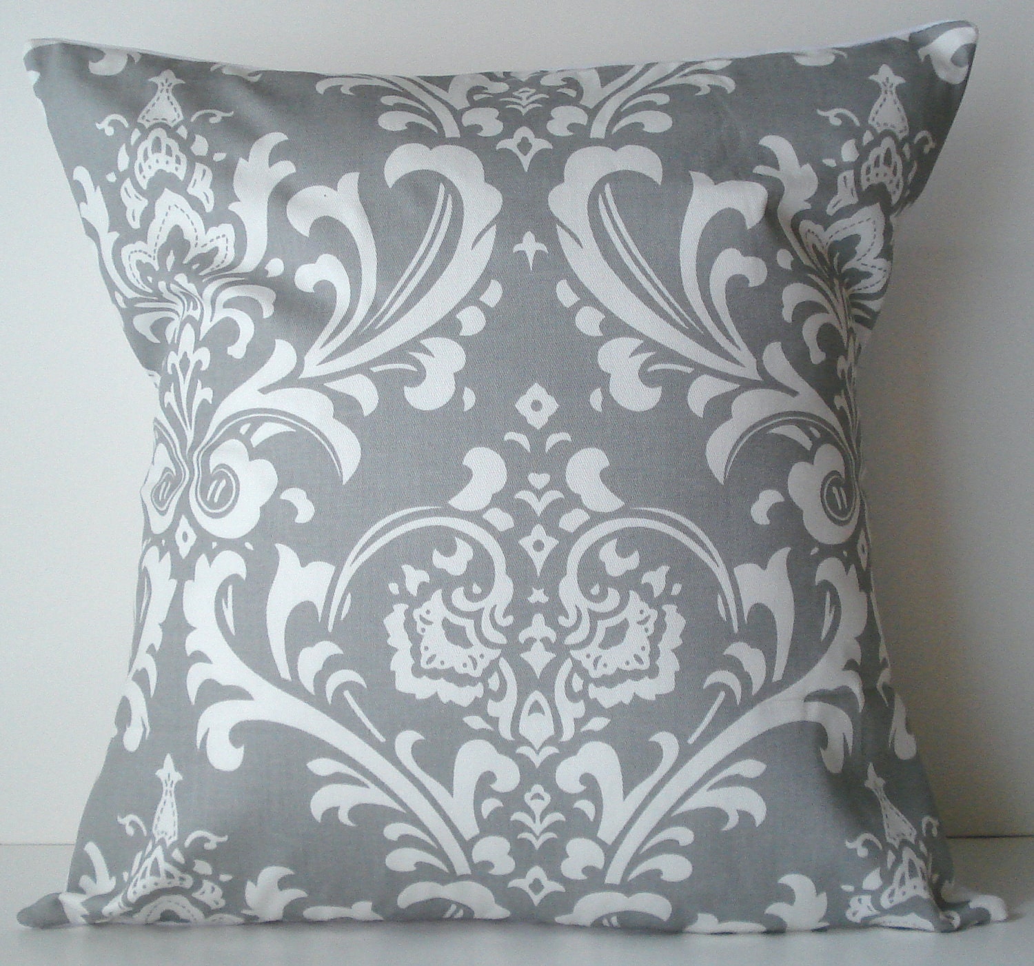 New 18x18 Inch Designer Handmade Pillow Case. Large Damask in Grey and