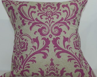 New 18x18 inch Designer Handmade Pillow Case in fuschia and taupe damask
