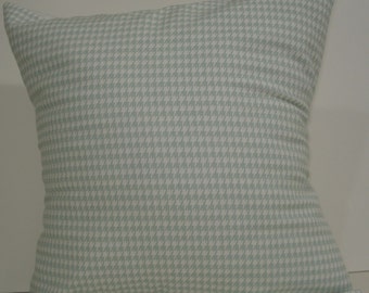 New 18x18 inch Designer Handmade Pillow Cases in pale blue houndstooth on white.