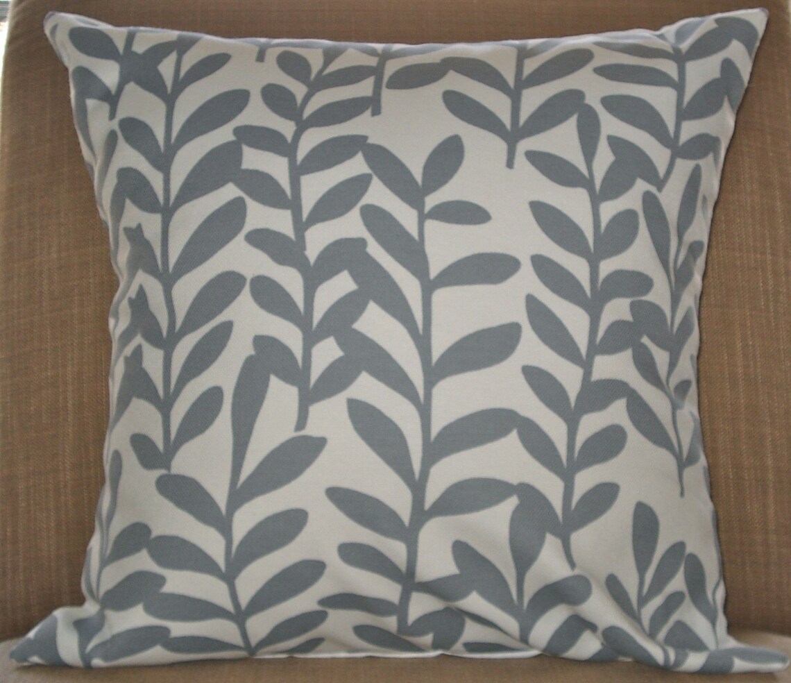 New 18x18 Inch Designer Handmade Pillow Case With Grey Leaves on White