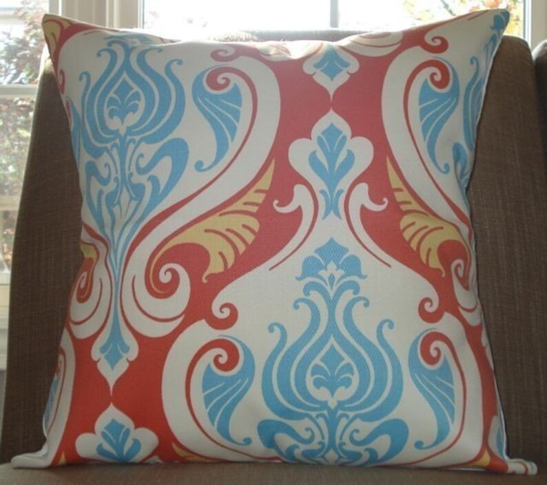 New 18x18 Inch Designer Handmade Pillow Case in Orange and Aqua Damask