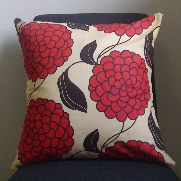 New 18x18 inch Designer Handmade Pillow Case with red, and brown flowers.