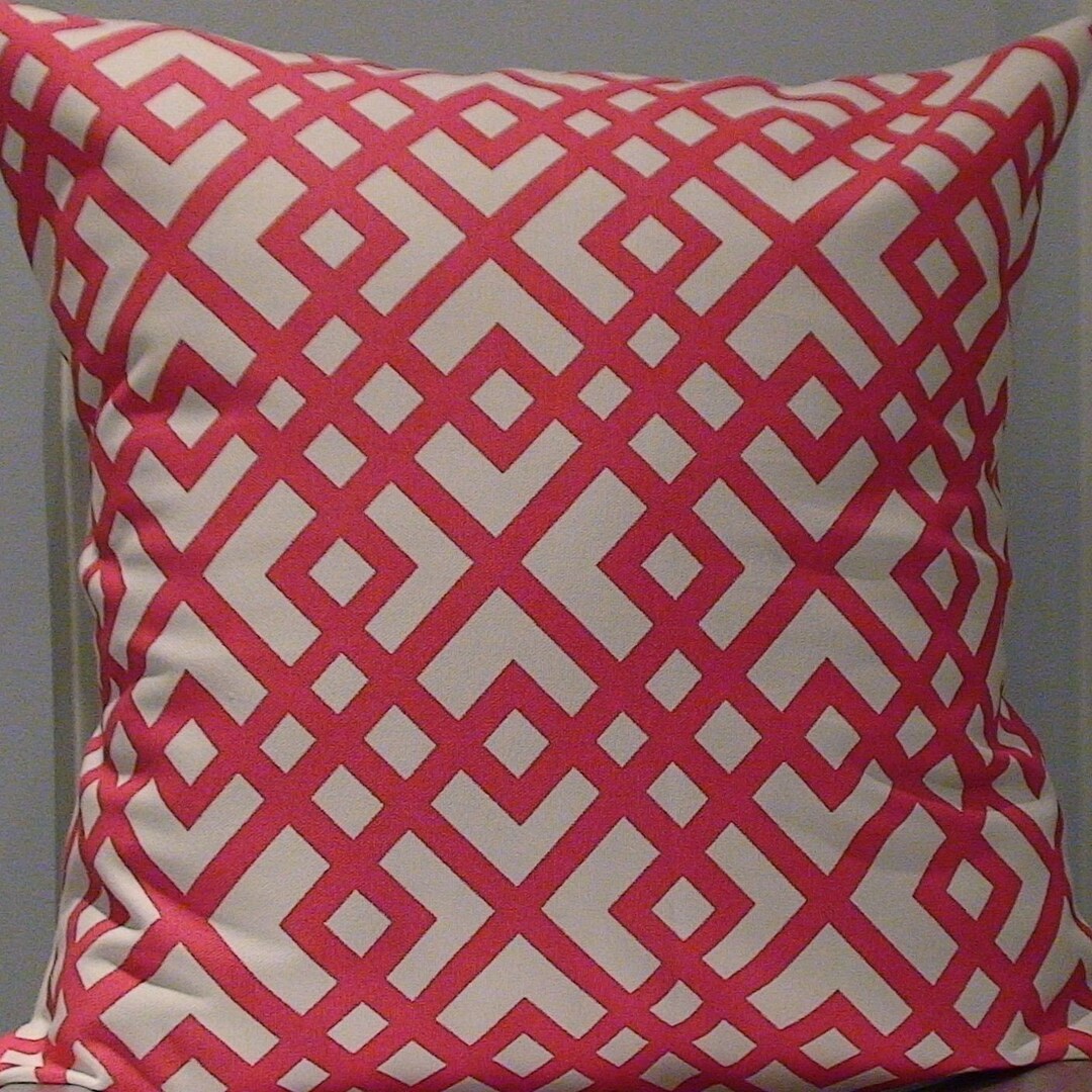 New 18x18 Inch Designer Handmade Pillow Case in Pink Geometric on White