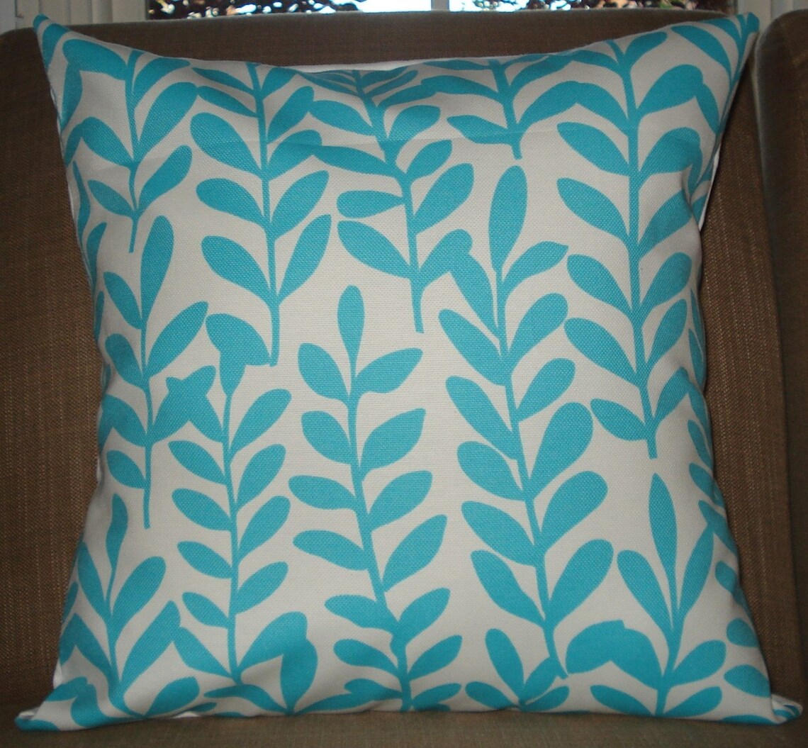 New 18x18 Inch Designer Handmade Pillow Cases in Bright Aqua Leaves on